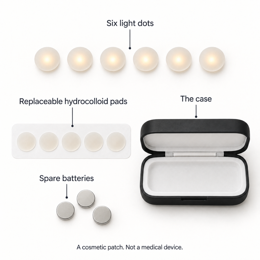 What is in the Lit Dots kit: six light dots, hydrocolloid pads, spare batteries, case