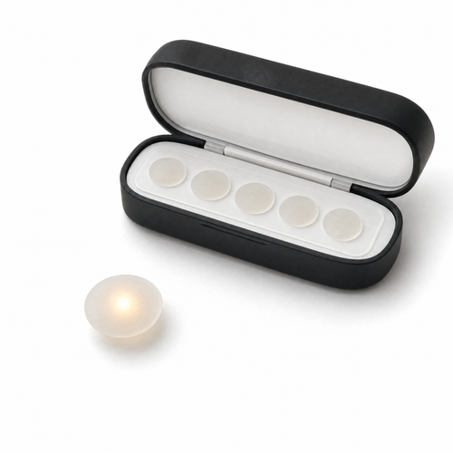 The Lit Dots kit: five frosted dots in a slim case, one lit