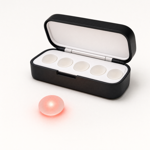 A Lit Dots patch glowing red on a white surface beside the open case of unlit milky white patches